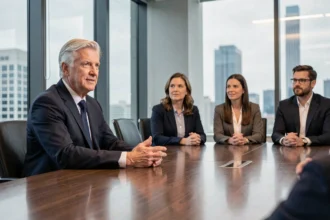 Cadre senior consultant présentant une stratégie de crise à une direction d'entreprise en salle de réunion moderne