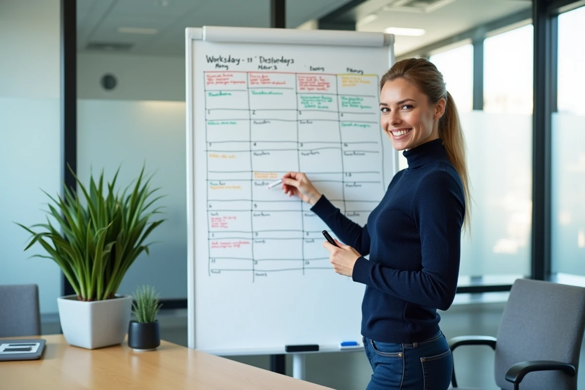 Jeune femme expliquant le calcul des jours de travail annuels sur un tableau blanc en salle de réunion