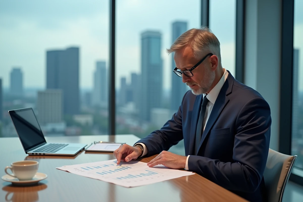 Businessman analysant des documents financiers dans une salle de réunion pour calculer la prime de goodwill