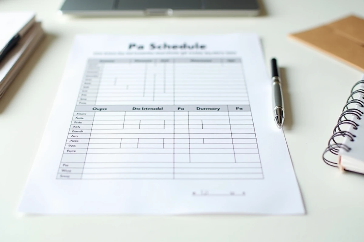 Vue aérienne d'un calendrier des dates de paye de l'Éducation Nationale posé sur un bureau avec stylo et notes