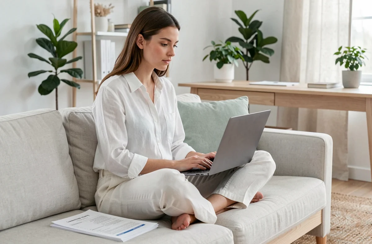 Jeune femme vérifiant une check-list de contrat d'égérie sur ordinateur portable dans un bureau scandinave moderne