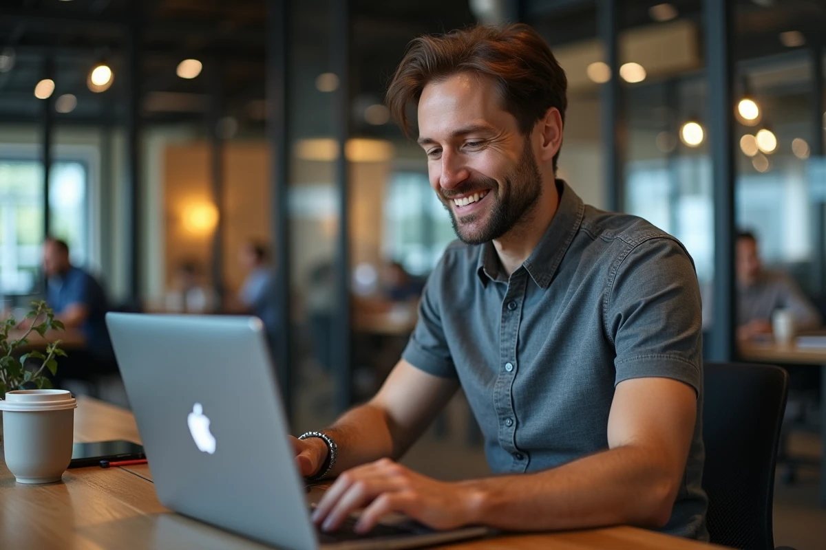 Chef d'entreprise en visioconférence avec un secrétariat juridique externalisé depuis un espace de coworking