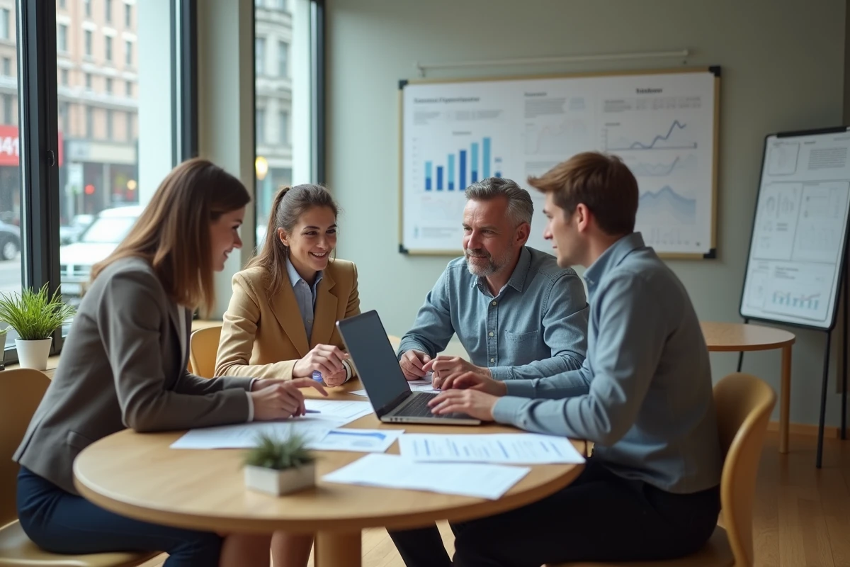 Deux collaborateurs de PME analysant ensemble des rapports de données sur un ordinateur portable en espace de coworking