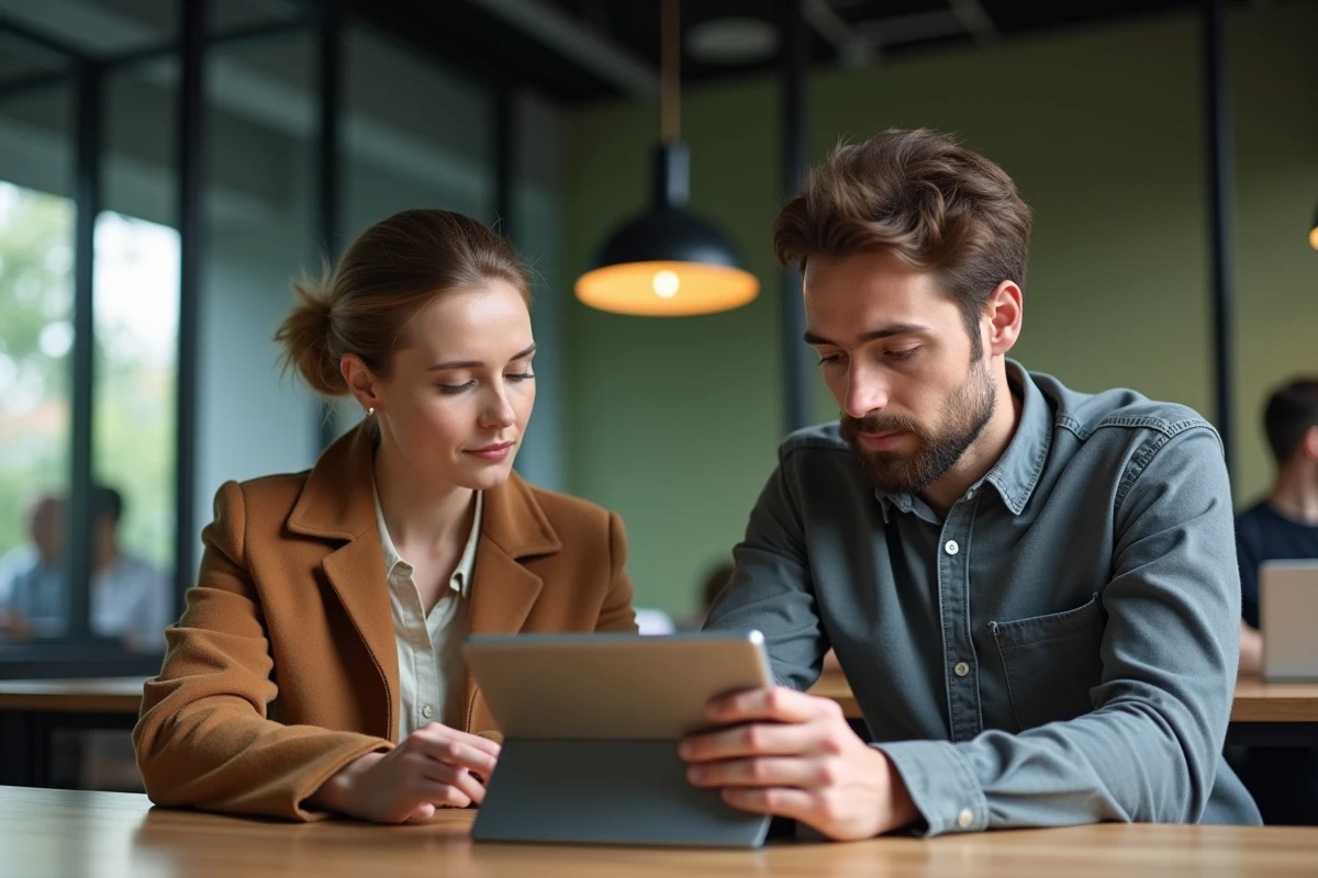 Deux collègues analysant ensemble une conversation avec l'IA Mistral Le Chat sur une tablette en espace de coworking