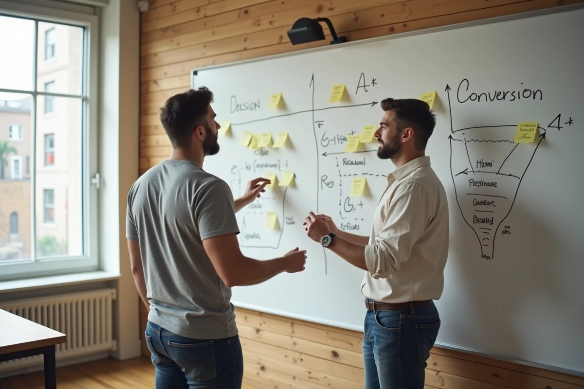 Deux collègues en marketing discutant d'une stratégie de test A/B devant un tableau blanc couvert de schémas et de notes