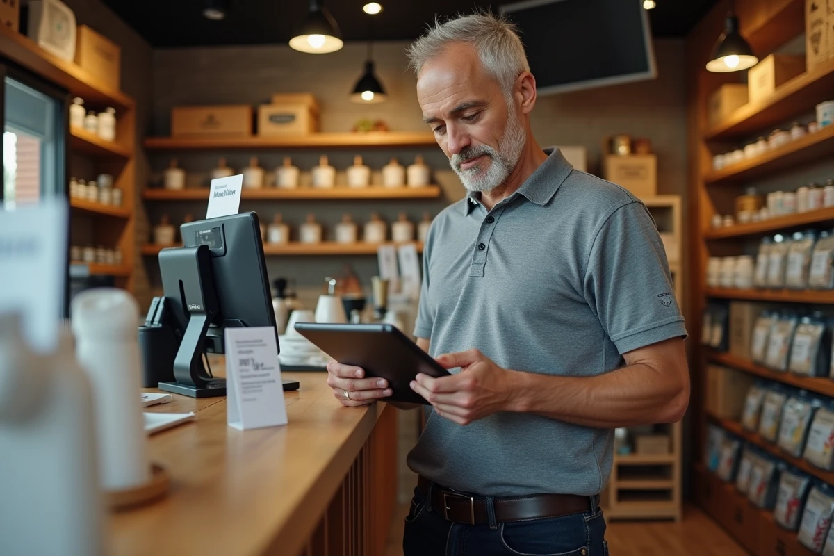 Commerçant PME utilisant une tablette pour analyser ses données de vente dans sa boutique