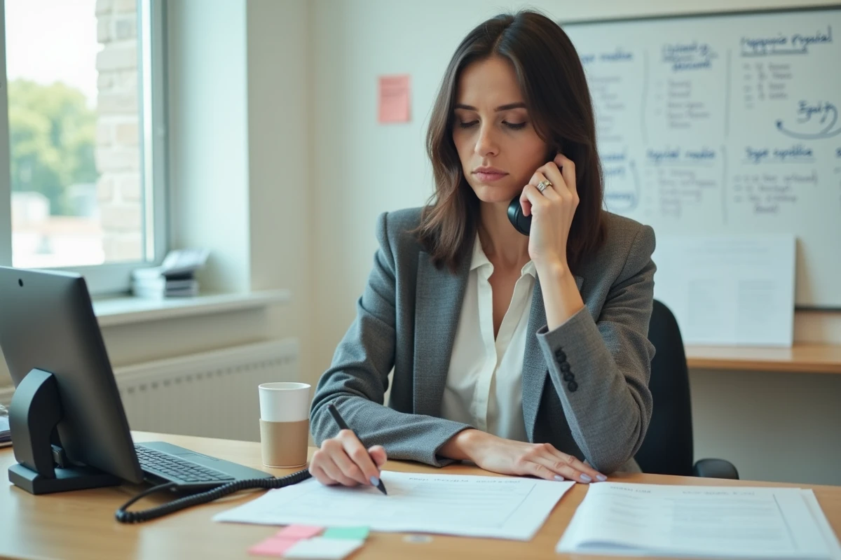Commerciale B2B hésitant face au téléphone avec des scripts d'appels à froid étalés sur son bureau