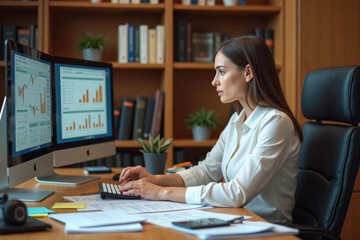 Comptable féminine travaillant sur une évaluation financière d'entreprise pour déterminer la prime de goodwill