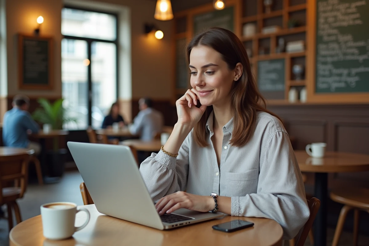 Jeune femme finalisant la configuration de son espace Mon Compte sur un ordinateur dans un café parisien