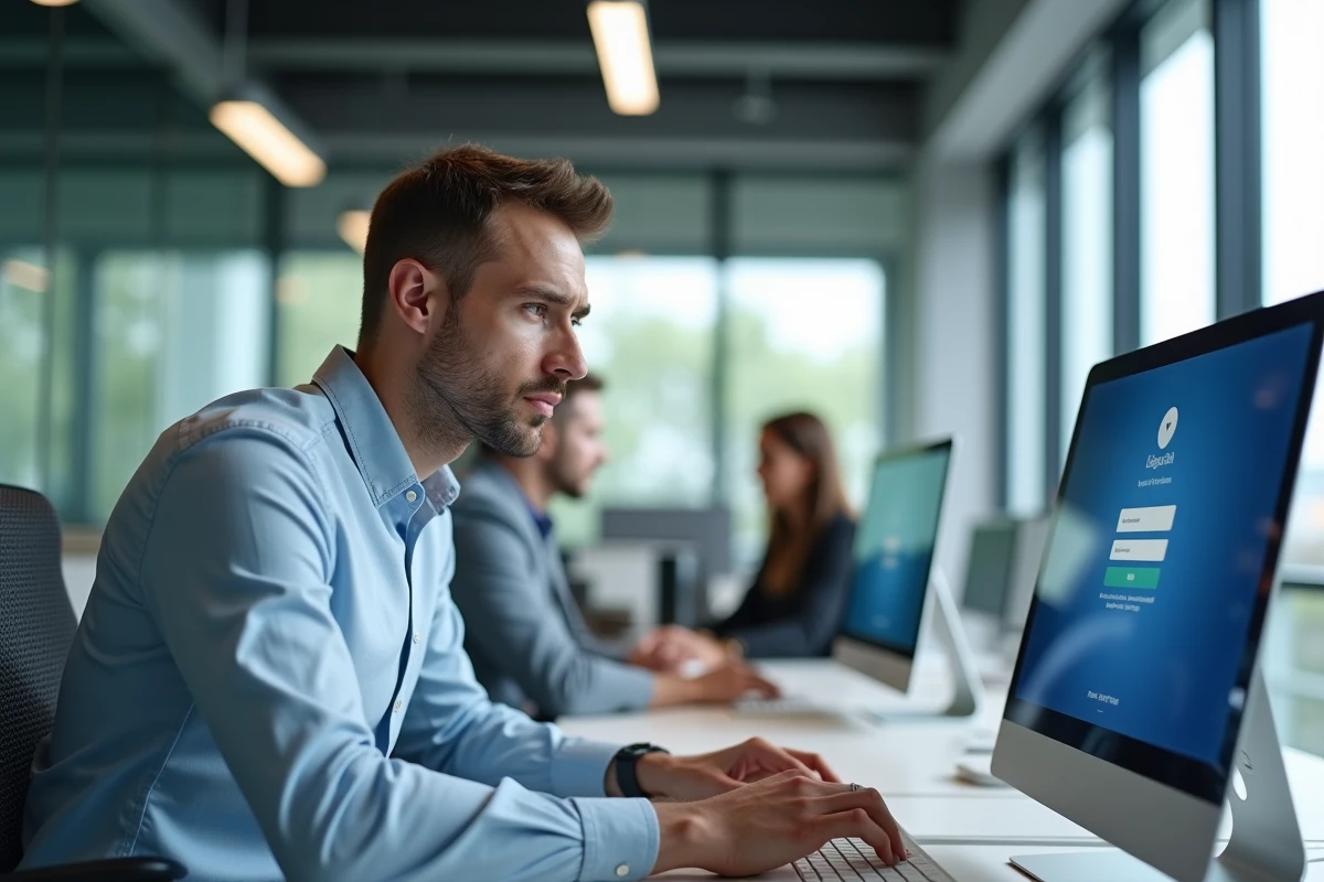 Homme en entreprise tentant de se connecter à son compte Agendis 62 sur un ordinateur de bureau