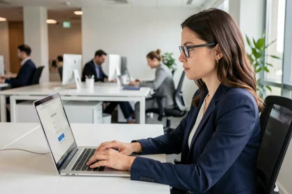 Femme professionnelle connectée à un extranet sécurisé depuis son bureau en entreprise