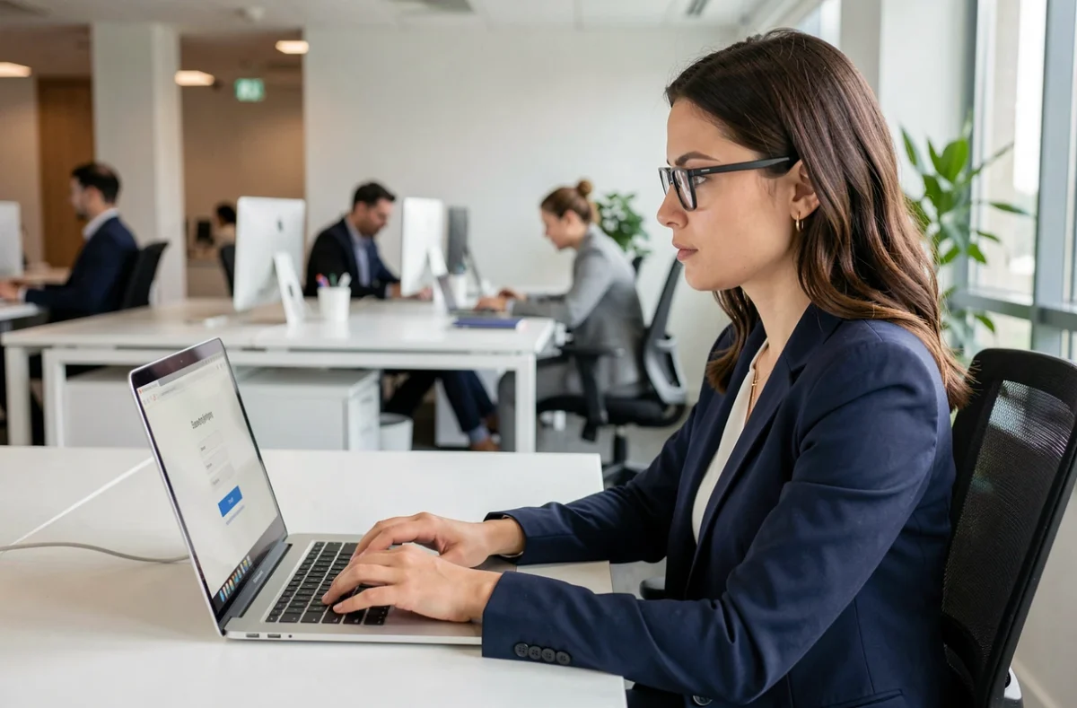 Femme professionnelle connectée à un extranet sécurisé depuis son bureau en entreprise
