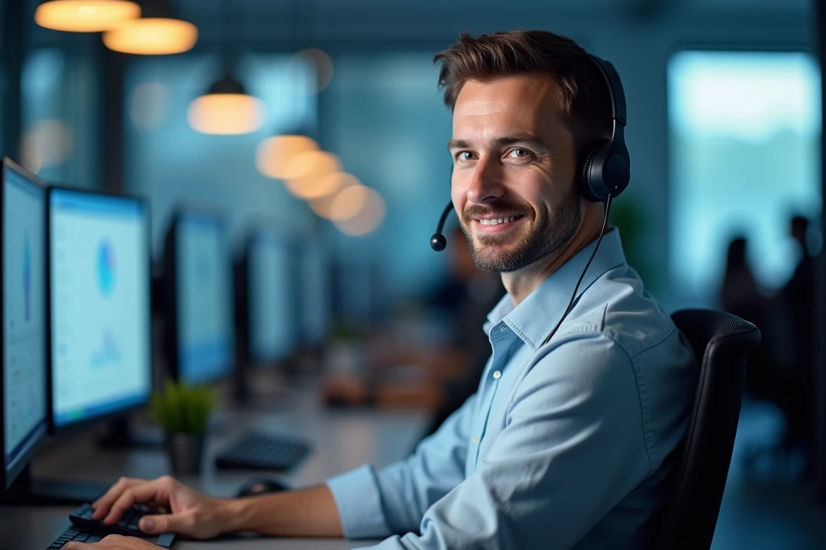 Conseiller clientèle avec casque audio gérant des interactions clients sur un logiciel CRM dans un centre d'appels professionnel