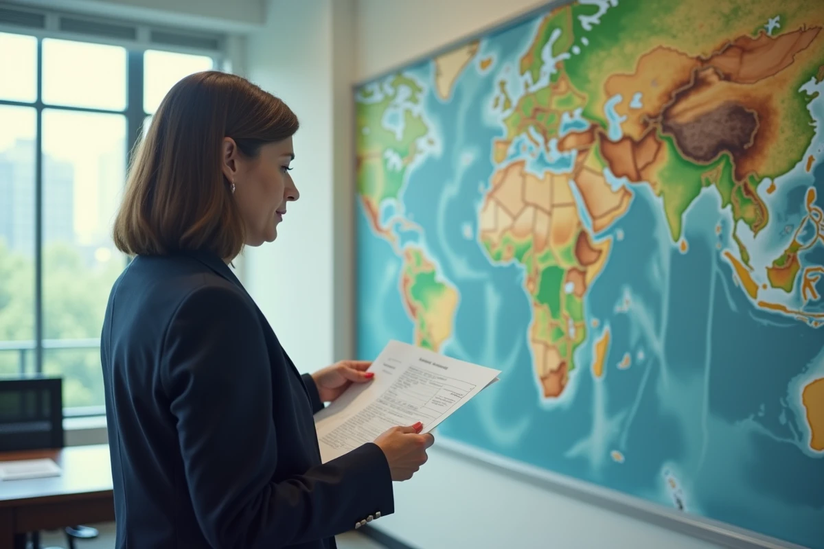 Conseillère en politique environnementale analysant une carte des zones écologiques dans une salle de réunion gouvernementale moderne