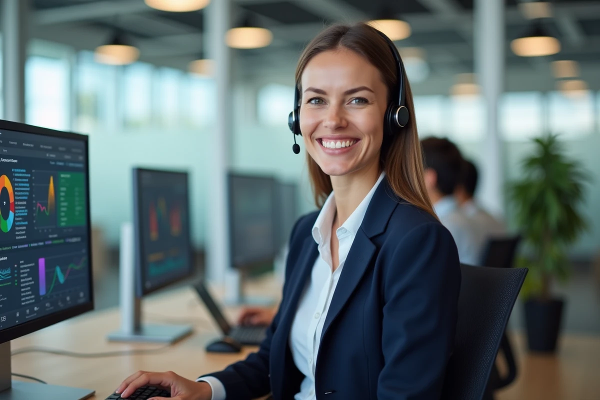 Conseillère clientèle souriante avec casque sans fil dans un open space moderne, illustrant un service client efficace