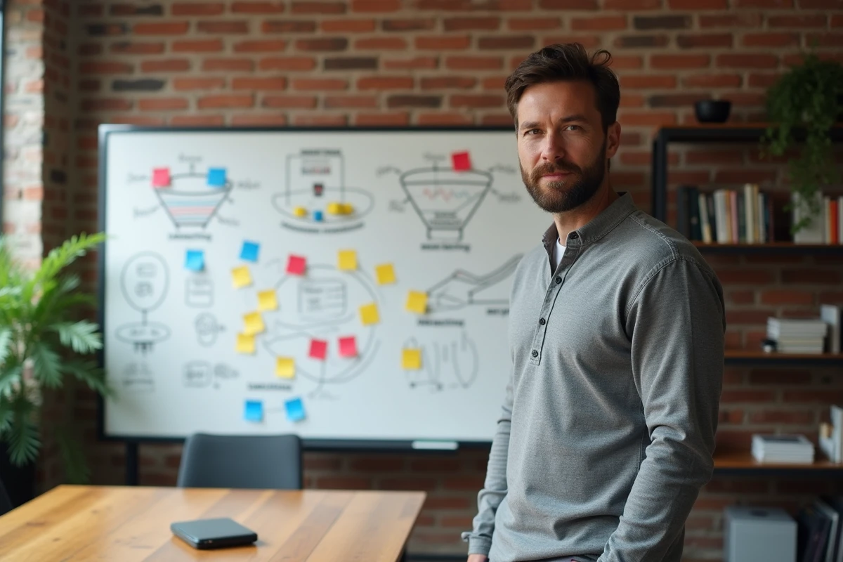 Consultant en marketing digital expliquant une stratégie d'entonnoir de conversion devant un tableau blanc dans une salle de réunion créative