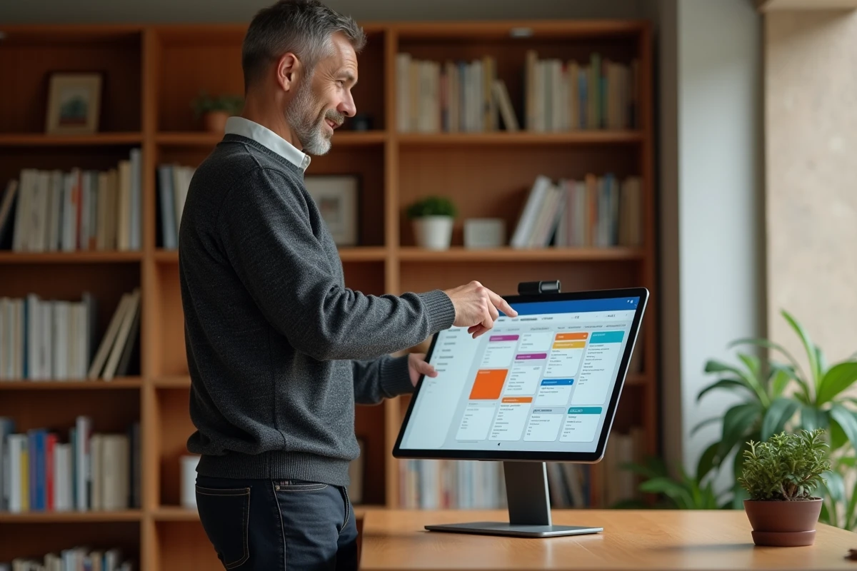 Consultant digital debout devant un tableau de bord numérique interactif dans un bureau à domicile