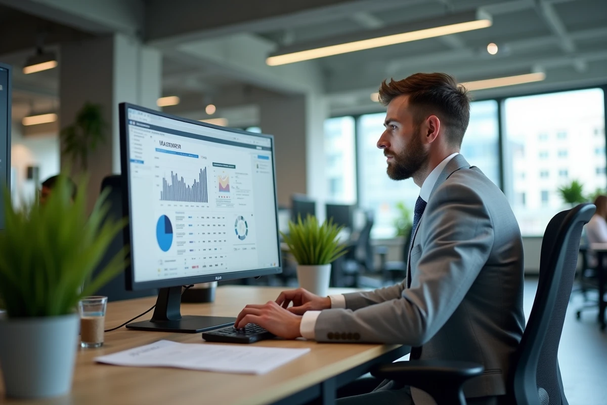Consultant RH travaillant sur un logiciel de gestion des cotisations sociales avec double écran