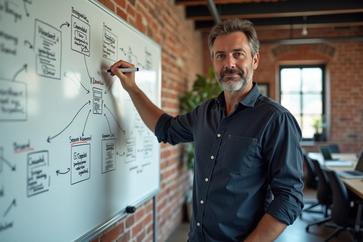 Consultant SEO présentant une stratégie de visibilité Google sur tableau blanc dans un bureau d'agence