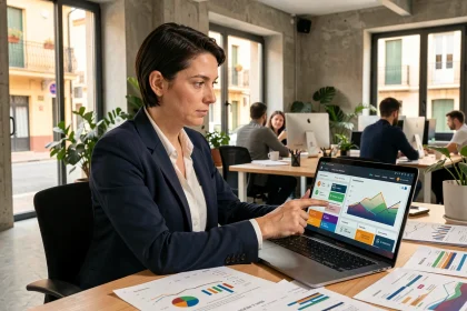 Consultante en marketing digital analysant des données d'acquisition sur un tableau de bord numérique dans une agence moderne à Montpellier