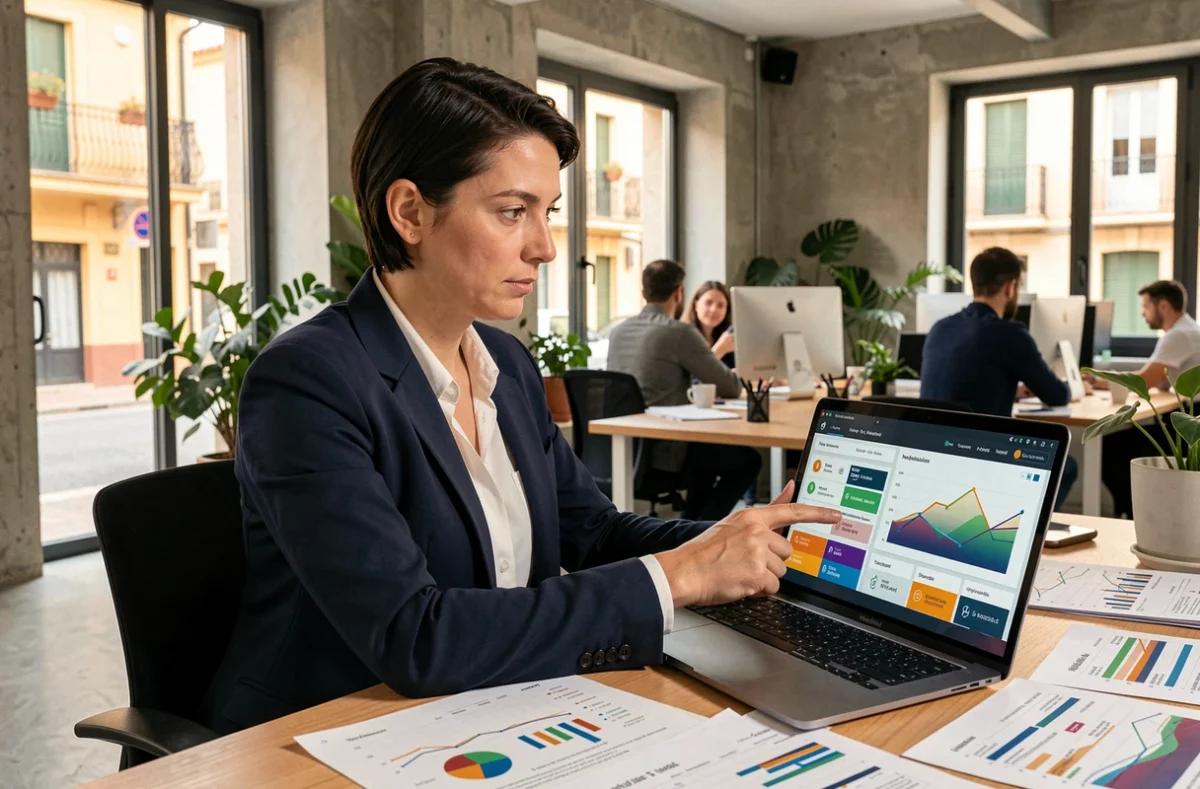 Consultante en marketing digital analysant des données d'acquisition sur un tableau de bord numérique dans une agence moderne à Montpellier