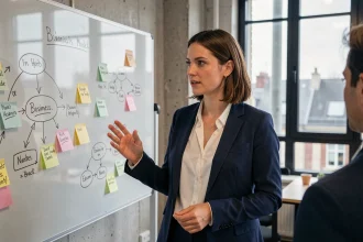 Consultante en stratégie d'entreprise présentant un business model sur un tableau en verre dans un espace de co-working à Nantes