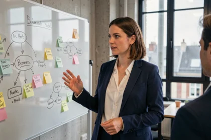 Consultante en stratégie d'entreprise présentant un business model sur un tableau en verre dans un espace de co-working à Nantes