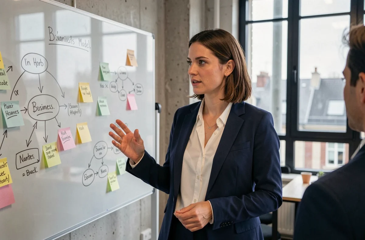 Consultante en stratégie d'entreprise présentant un business model sur un tableau en verre dans un espace de co-working à Nantes
