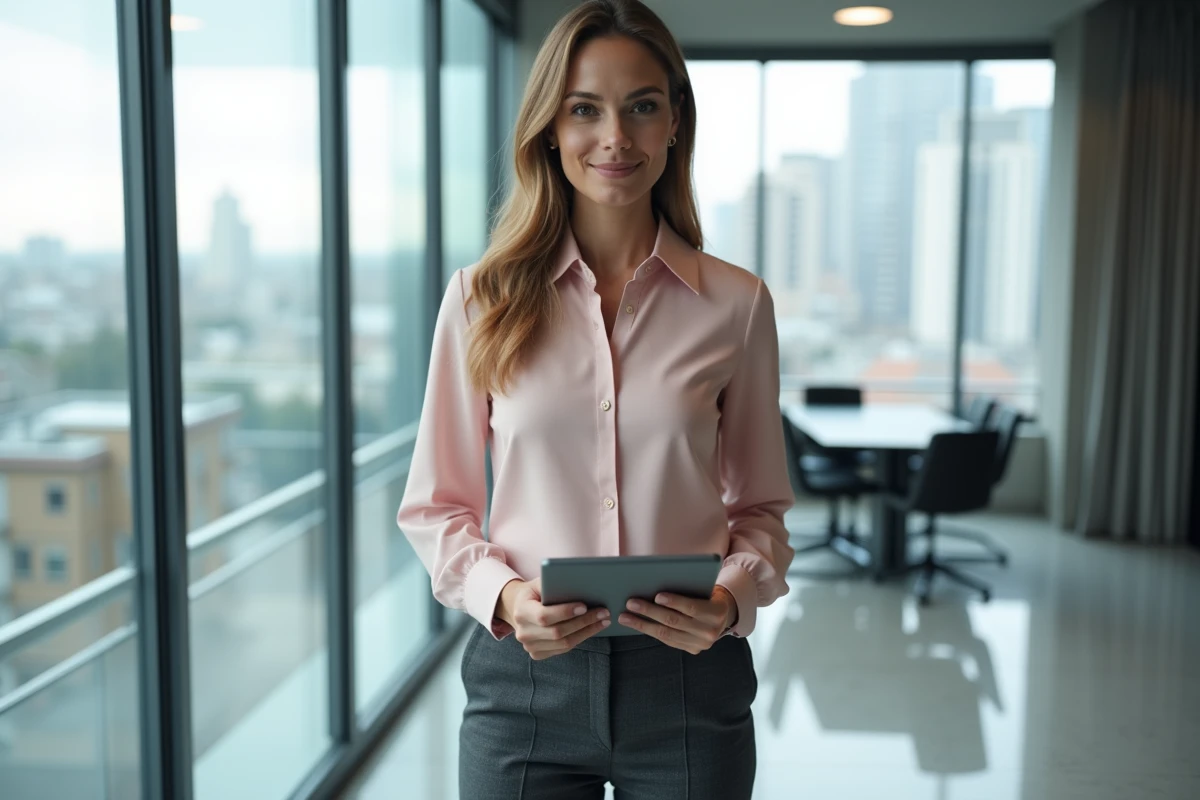 Consultante digitale debout devant une fenêtre urbaine tenant une tablette avec les garanties de son assurance entreprise Loop