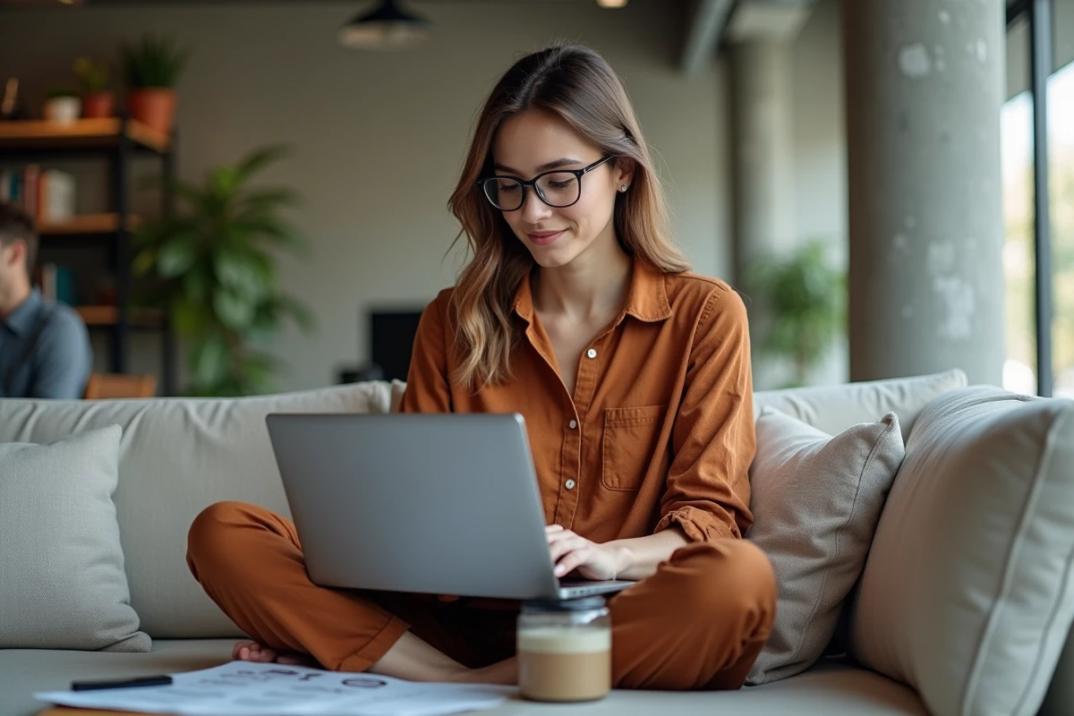 Jeune femme consultante en marketing digital analysant des KPI sur un ordinateur portable dans un espace de coworking