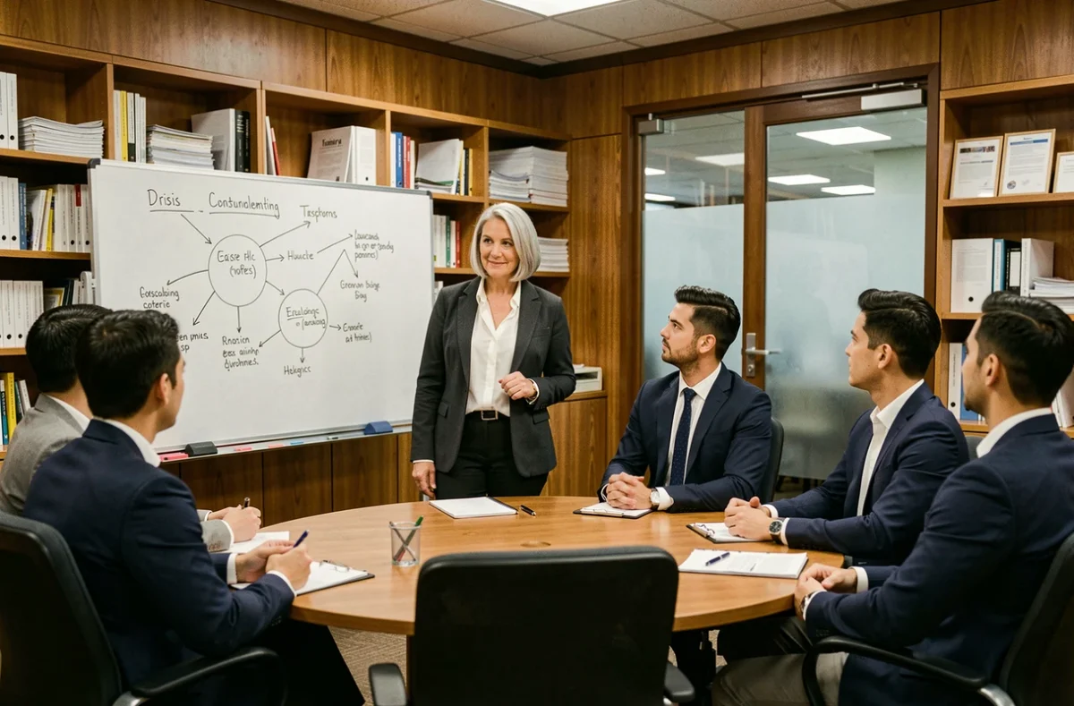 Consultante senior expérimentée animant une session stratégique de gestion de crise avec une équipe de direction