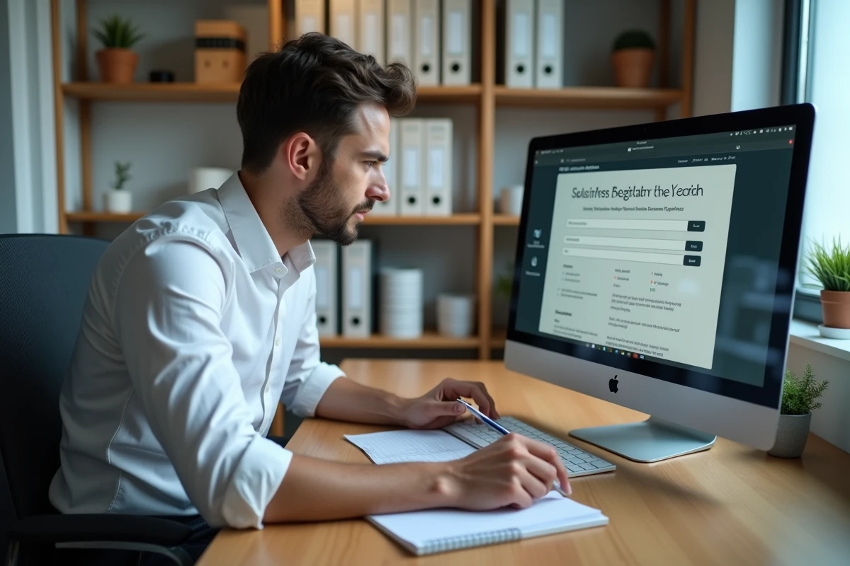 Homme consultant un registre officiel d'entreprises en ligne depuis son bureau professionnel