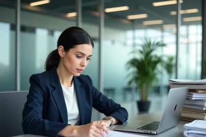 Femme d'affaires consultant le répertoire Sirène sur des documents imprimés dans un bureau moderne