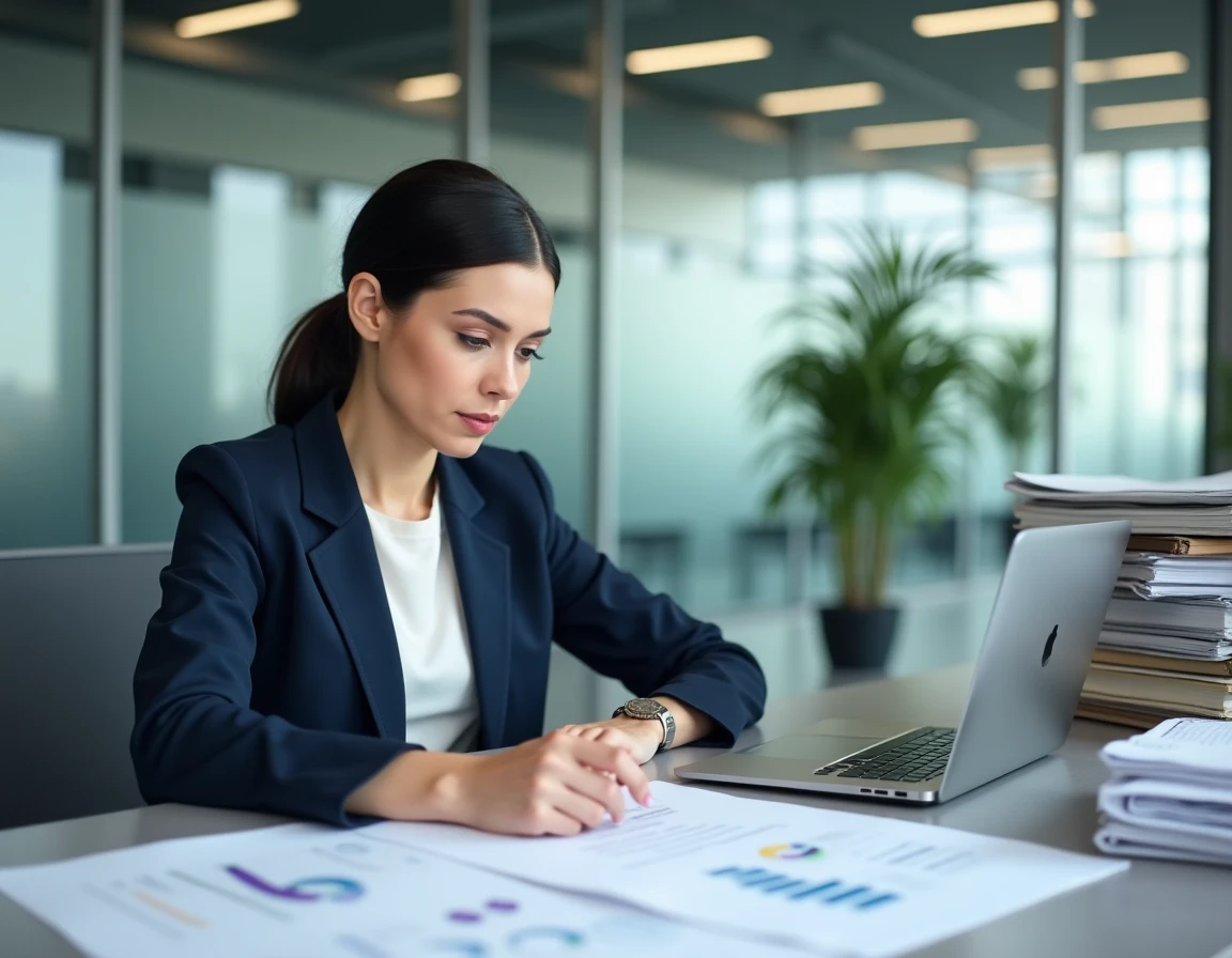 Femme d'affaires consultant le répertoire Sirène sur des documents imprimés dans un bureau moderne