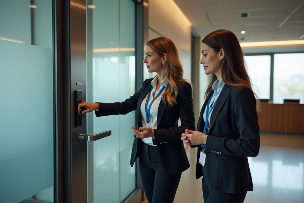 Deux professionnelles utilisant un système de contrôle d'accès par badge à l'entrée d'un immeuble de bureaux