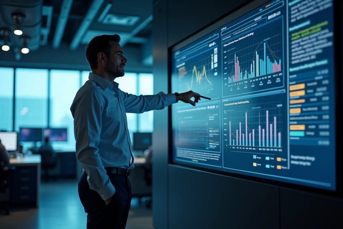 Professionnel de la conformité présentant un tableau de bord de contrôle réglementaire sur écran numérique