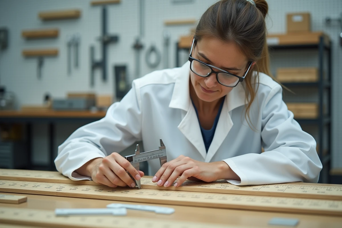 Technicienne en contrôle qualité mesurant les graduations de règles dans un atelier de fabrication