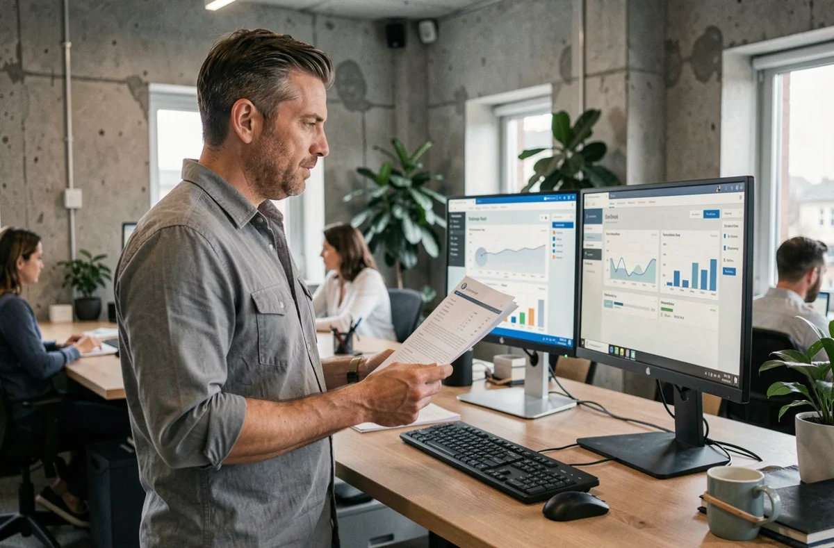 Agent courtier analysant des documents et tableaux de bord d'assurance AXA dans un espace de coworking moderne