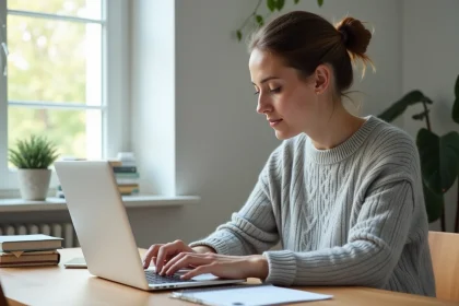 Femme créant son espace Mon Compte en ligne sur un ordinateur portable dans un bureau à domicile