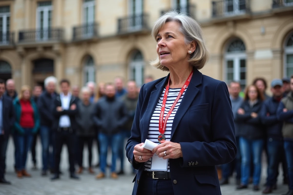 Déléguée syndicale française prenant la parole lors d'un rassemblement ouvrier en plein air dans une place publique d'une ville française