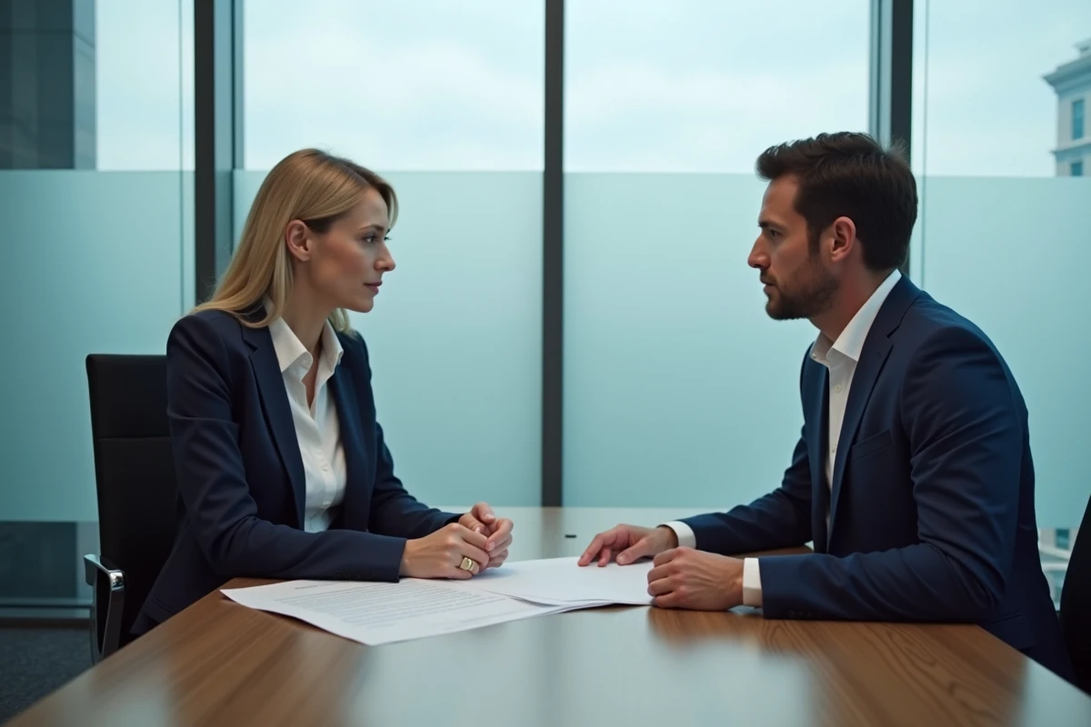 Négociation de départ entre une employée et un responsable RH dans une salle de réunion d'entreprise moderne