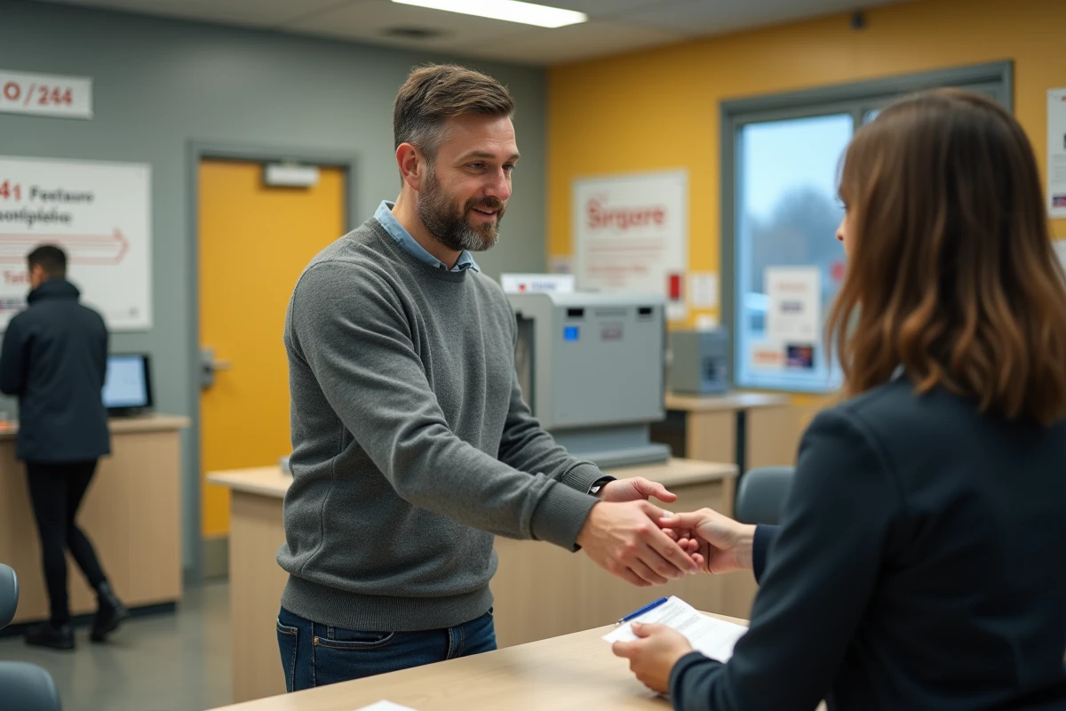 Homme déposant une lettre recommandée avec accusé de réception au guichet d'un bureau de poste