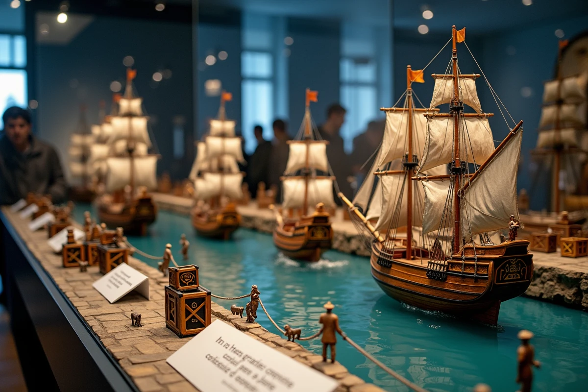 Diorama de musée représentant un port marchand du XVIIe siècle illustrant les grandes compagnies commerciales historiques