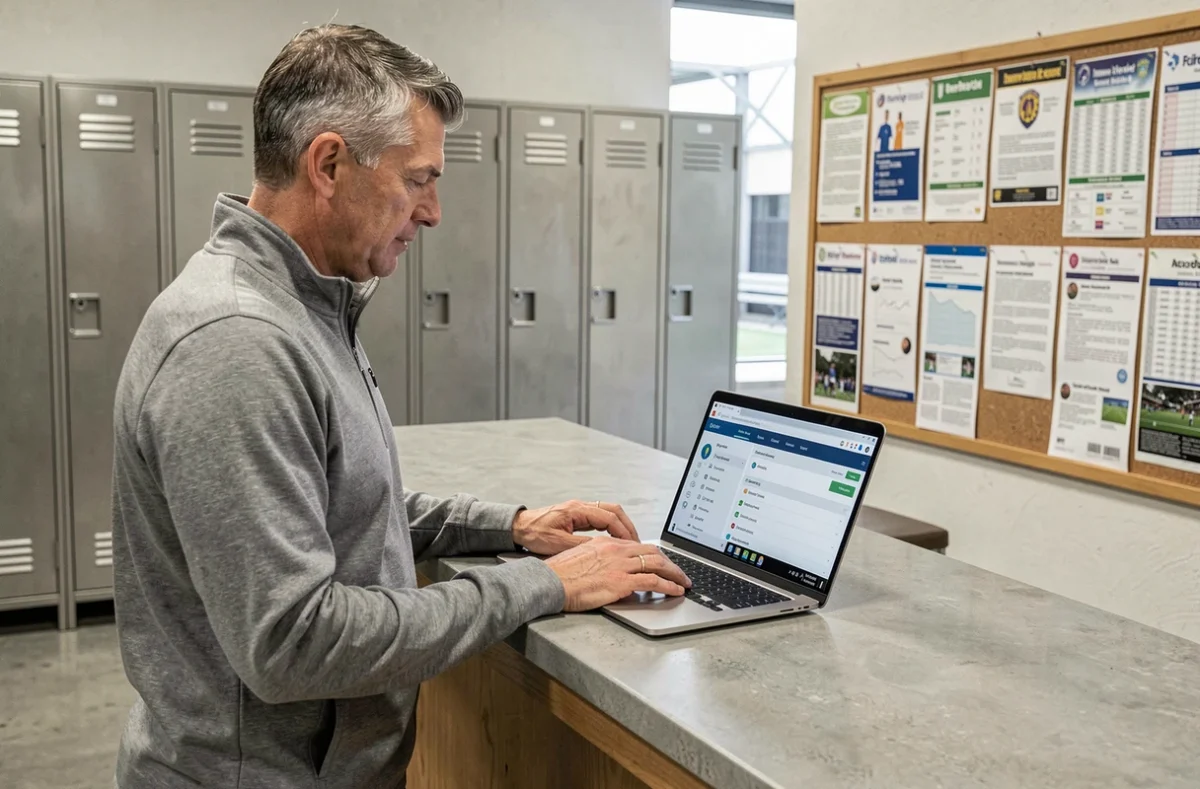 Dirigeant de club sportif gérant son espace fédéral sur un portail extranet depuis la réception d'une salle de sport