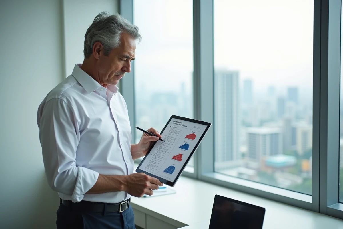 Dirigeant d'entreprise consultant un cadre de gestion des risques sur tablette dans un bureau exécutif minimaliste