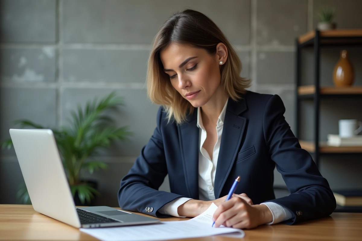Dirigeante de PME examinant des documents juridiques externalisés sur son bureau dans un bureau moderne