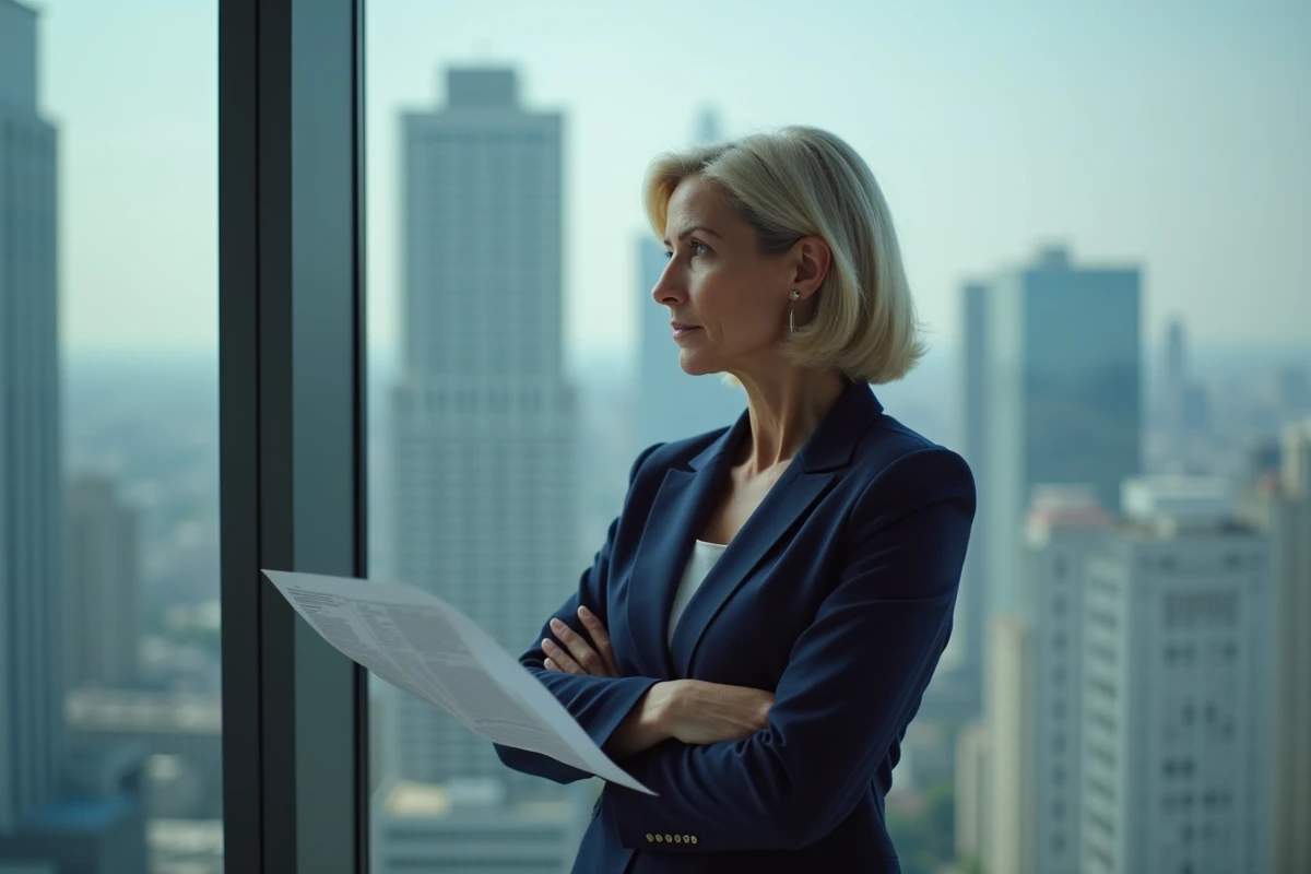 Directrice des ressources humaines analysant des documents relatifs à un manquement grave de l'employeur dans un bureau moderne