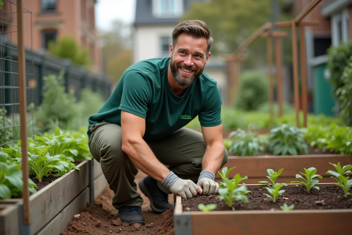Employé bénévole d'entreprise plantant des légumes dans un jardin communautaire urbain dans le cadre d'un programme RSE