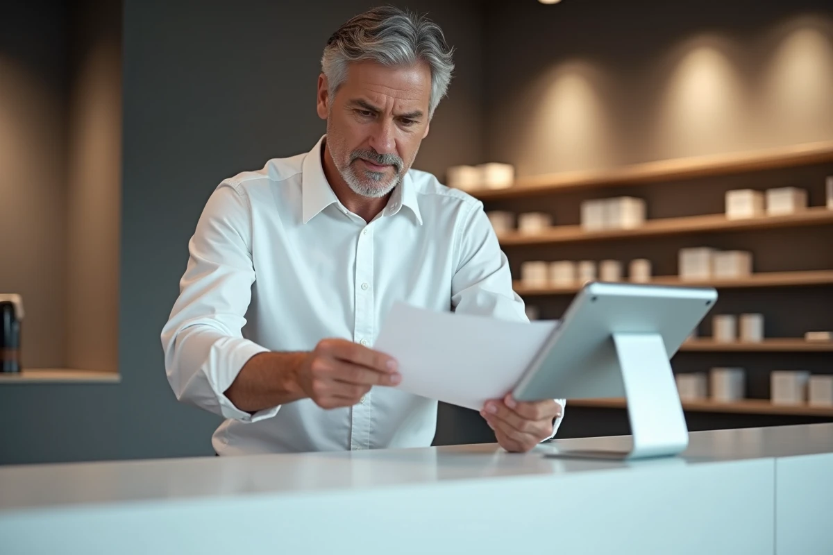 Employé de service client au comptoir d'accueil tendant un document, illustrant la relation client en magasin