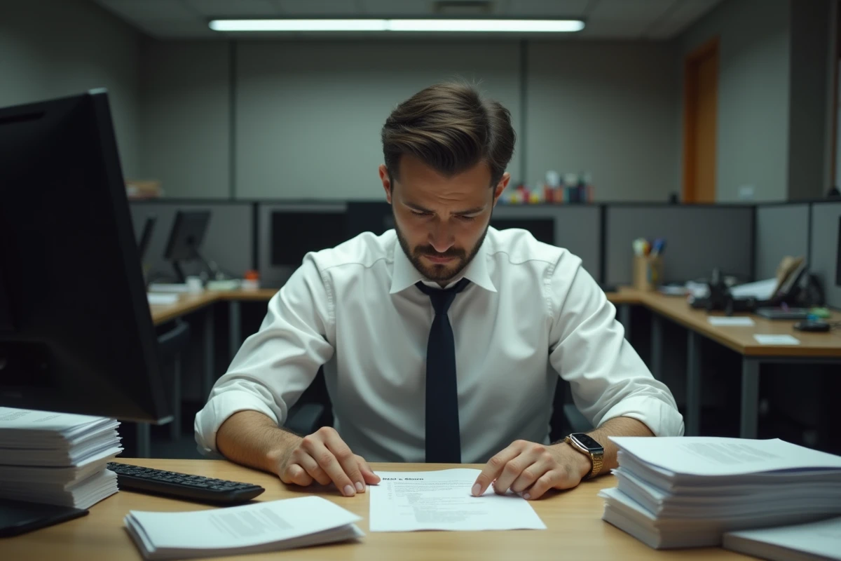 Employé stressé lisant une mise en demeure à son bureau illustrant les conséquences d'un manquement de l'employeur